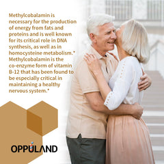 Oppuland bottle with nutrition facts showcases high-potency B12.