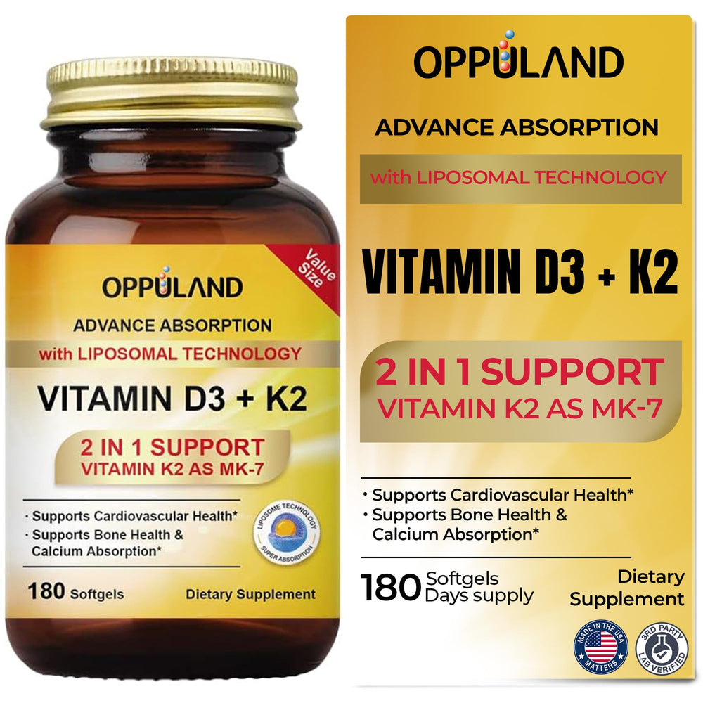 oppuland Vitamin D3 + K2 bottle front highlights liposomal absorption benefits