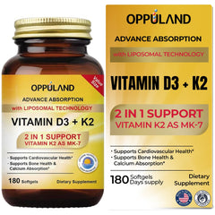 oppuland Vitamin D3 + K2 bottle front highlights liposomal absorption benefits