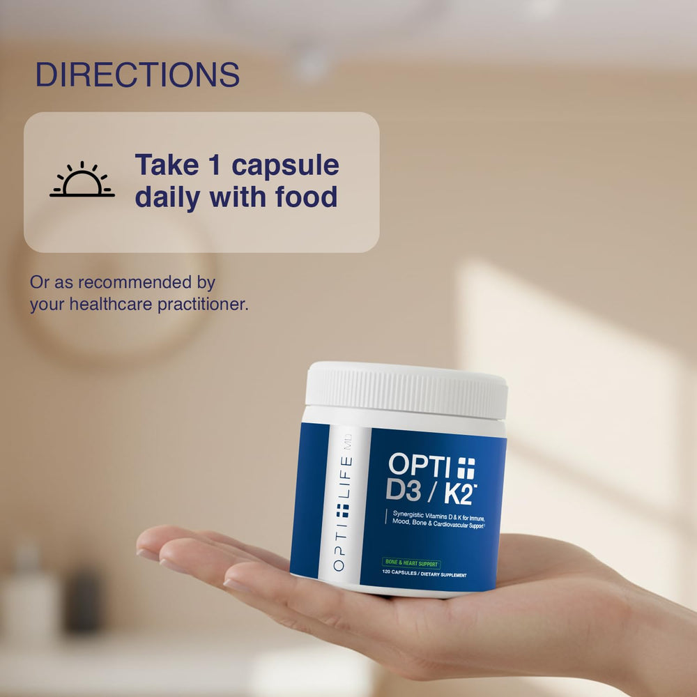 Opti Life MD D3/K2 daily-dose illustration pairing with omega-3.