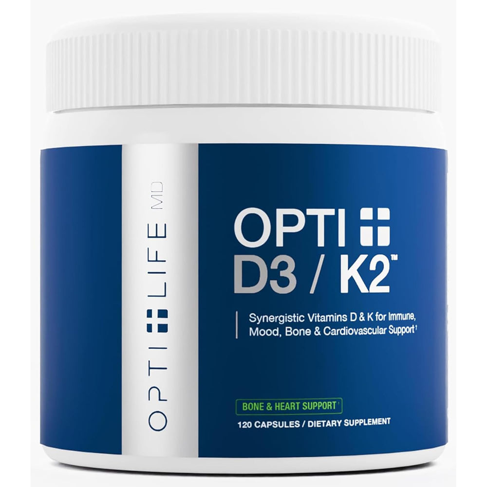 Opti Life MD Opti D3/K2 bottle front showing daily bone and immune support potential.
