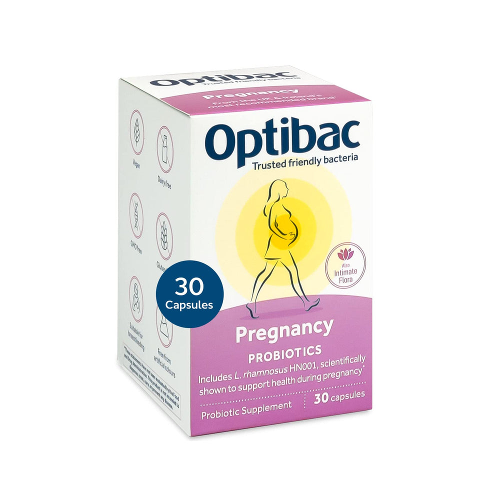 Optibac Probiotics Pregnancy bottle front showing vegan prenatal formula for gut health