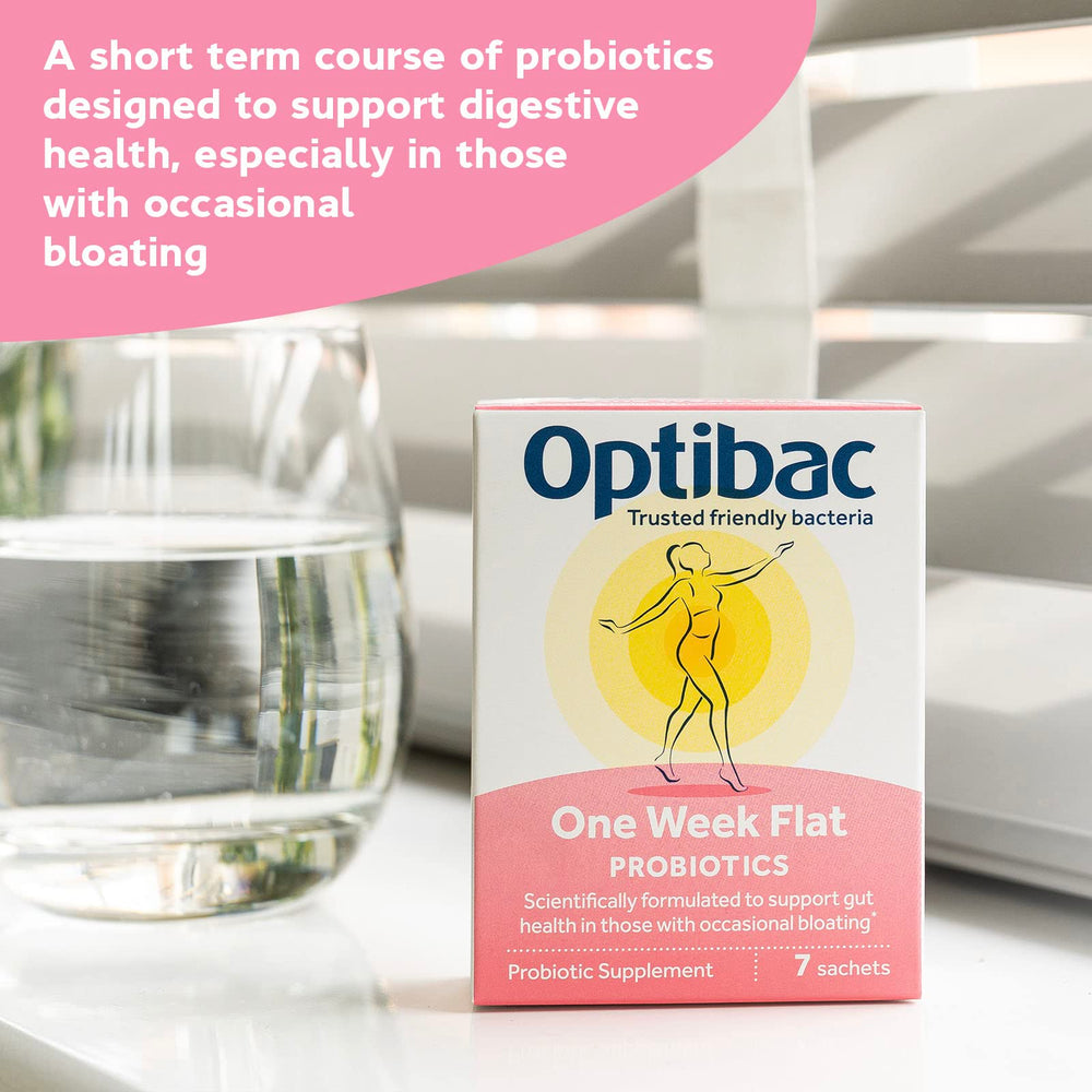 Optibac One Week Flat packaging sachets, convenient seven-day course for on-the-go wellness.