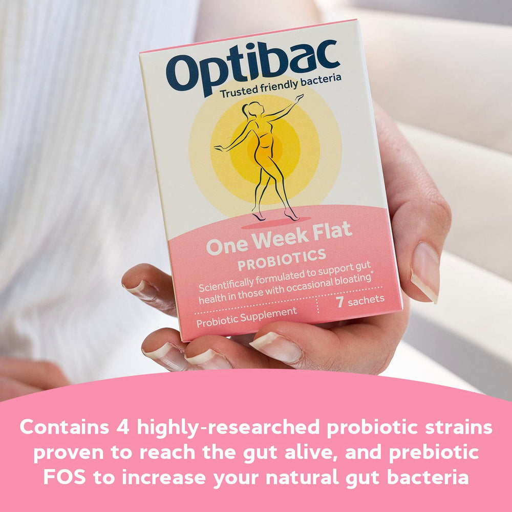 Optibac One Week Flat sachets closeup, convenient to mix into drinks or foods.