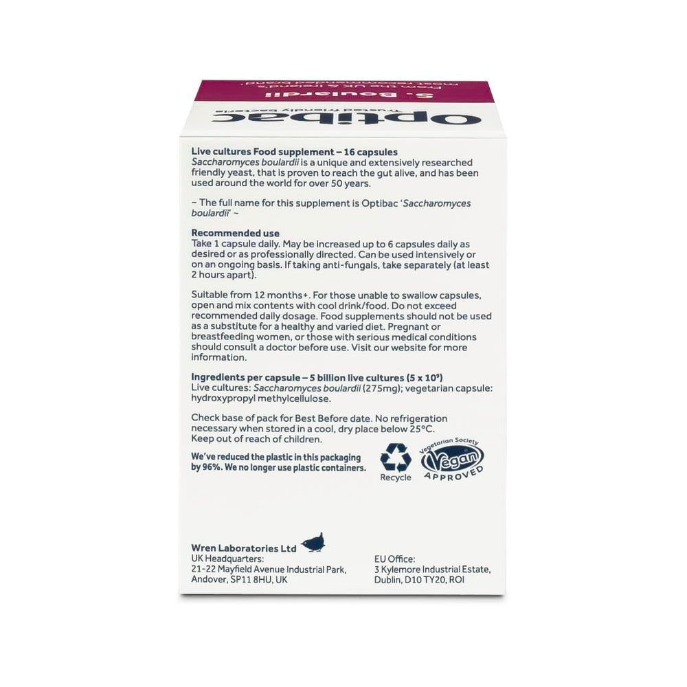 OptiBac Saccharomyces boulardii capsules daily-use context for gut comfort.