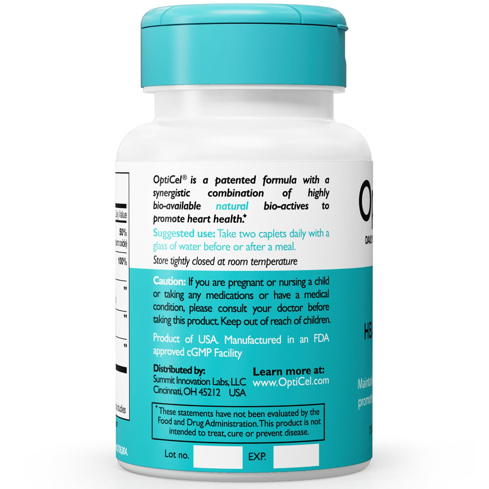 OptiCel Heart Health packaging highlighting gluten-free, vegan, non-GMO formulation.