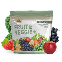 Optimal Fruit Veggie Plus bottle highlights a vibrant daily nutrition blend.