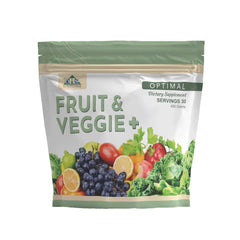 Optimal Fruit Veggie Plus ingredients spread highlighting antioxidant-rich mix.