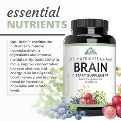 Optimal Health Systems Brain ingredients collage with omega-3s and flavonoids