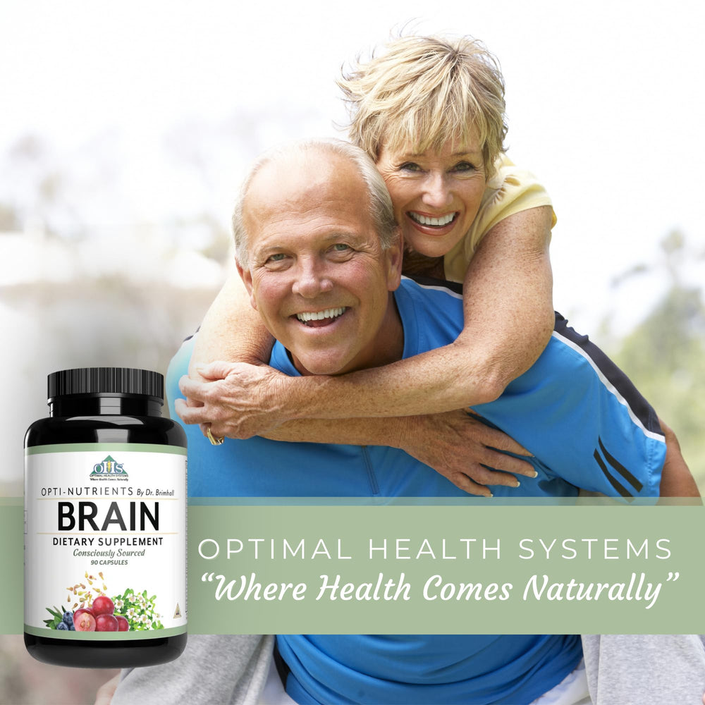 Optimal Health Systems Brain packaging on shelf conveying non-GMO and gluten-free formula quality