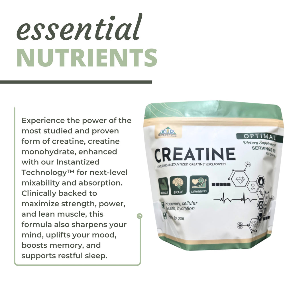 Optimal Health Systems Creatine label close-up showing non-GMO, dairy-free formula.