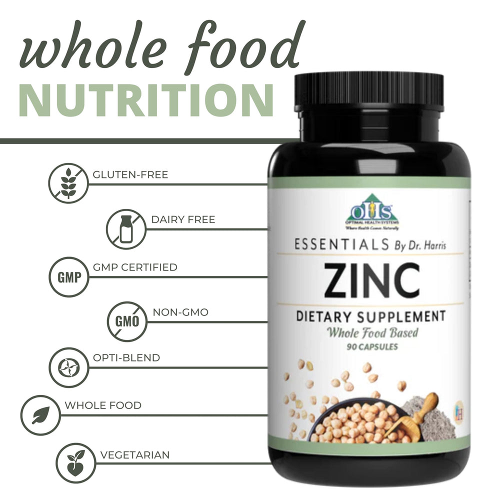 Optimal Health Systems Essential Zinc bottle close-up reveals clean, dairy-free formula
