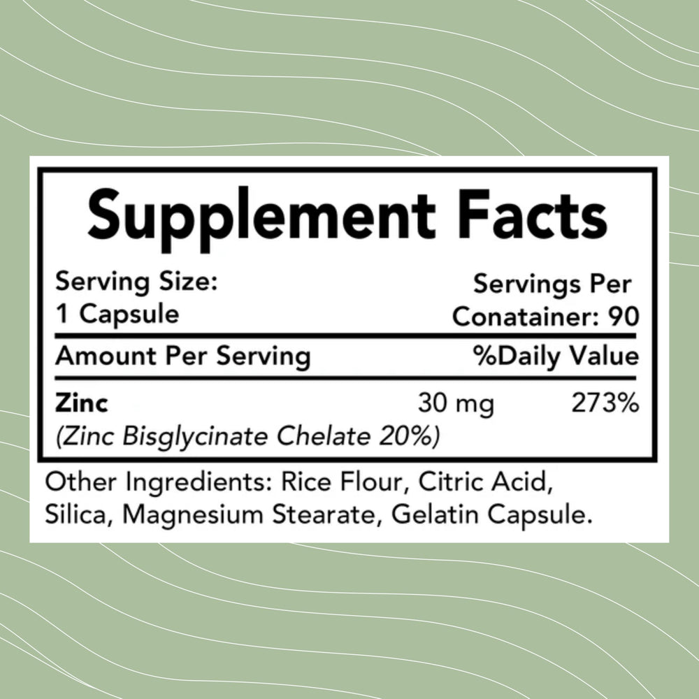 Optimal Health Systems Essential Zinc capsules show chelated bisglycinate for gentle absorption