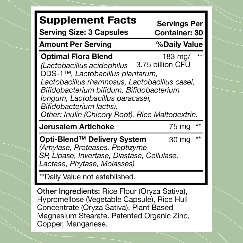 Optimal Health Systems Flora Plus capsules closeup for gut balance and easy daily use.