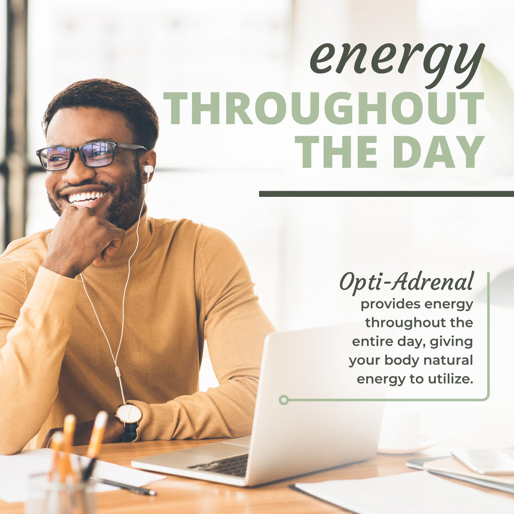 Opti-Adrenal placed beside coffee to suggest calmer mornings without jitters.