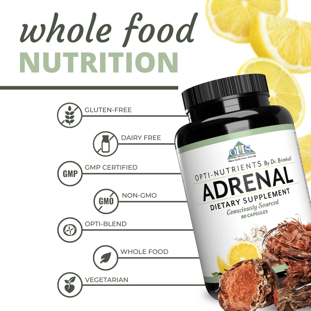 Opti-Adrenal ingredients list emphasizes predigested glandulars and essential nutrients.