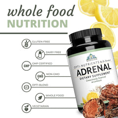 Opti-Adrenal ingredients list emphasizes predigested glandulars and essential nutrients.