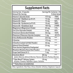 Opti-Adrenal label close-up highlights rhodiola root and vitamins for stress resilience and energy.