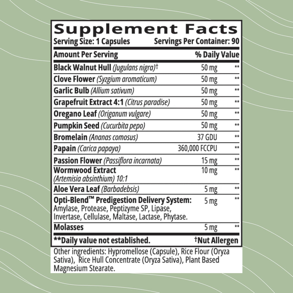 Opti-para ingredients list featuring wormwood, black walnut, and pumpkin seeds for botanical support.