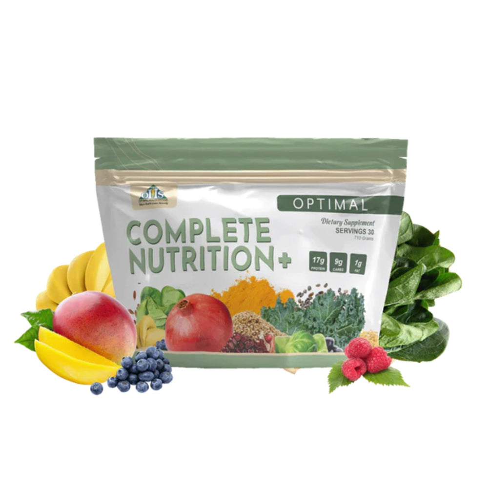 Optimal Health Systems Optimal Complete Nutrition Plus container for daily plant-based nutrition and energy