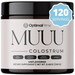 Optimal Prime colostrum bottle close-up for daily gut support