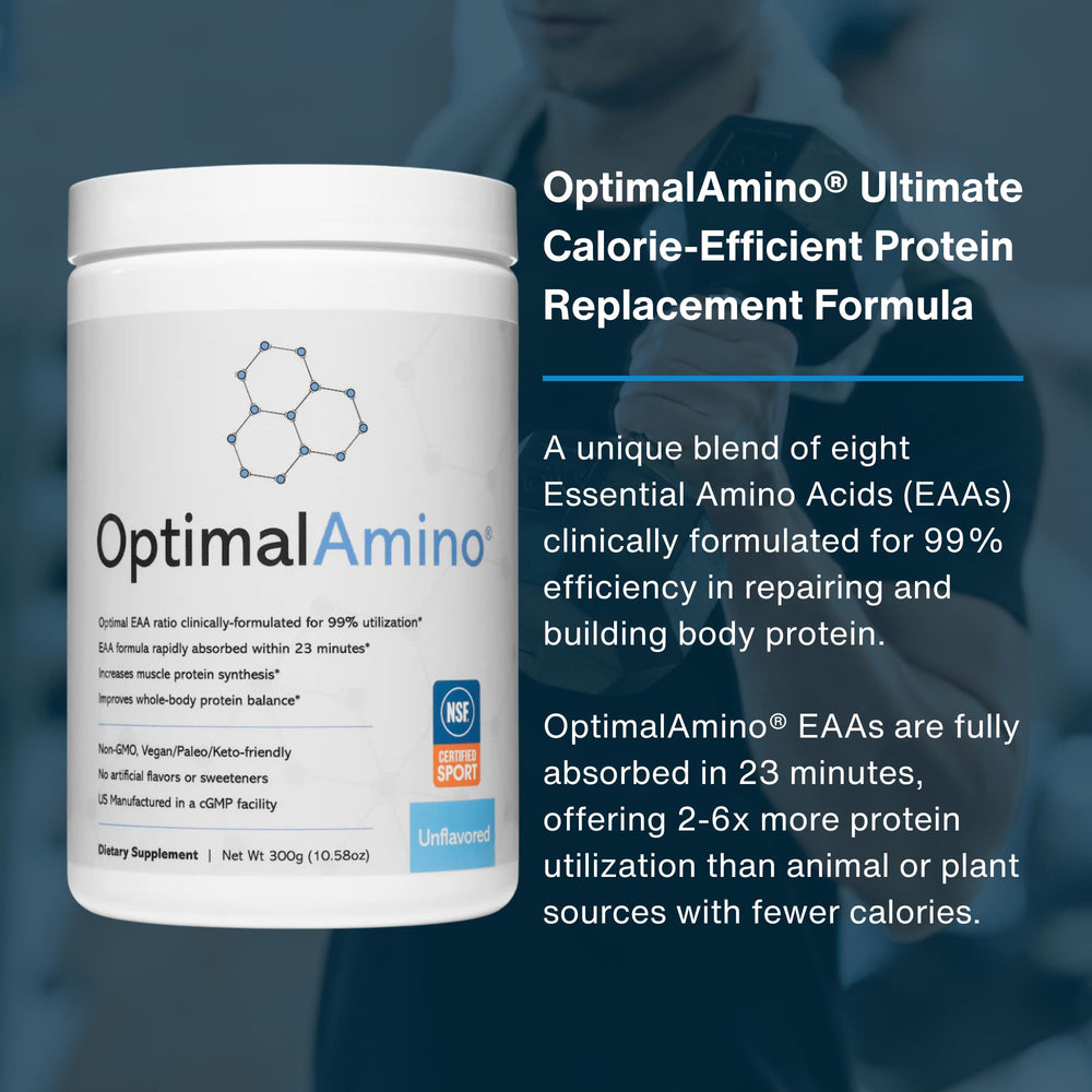OptimalAmino measuring scoop displaying precise 10 g servings for consistent use.