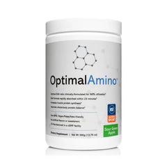 OptimalAmino sour green apple powder tub highlights complete amino acid profile for training