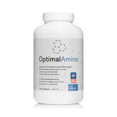 OptimalAmino tablets bottle front showing full amino profile and performance support benefits