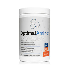 OptimalAmino Tangerine powder container ready for workouts supporting recovery and daily energy.