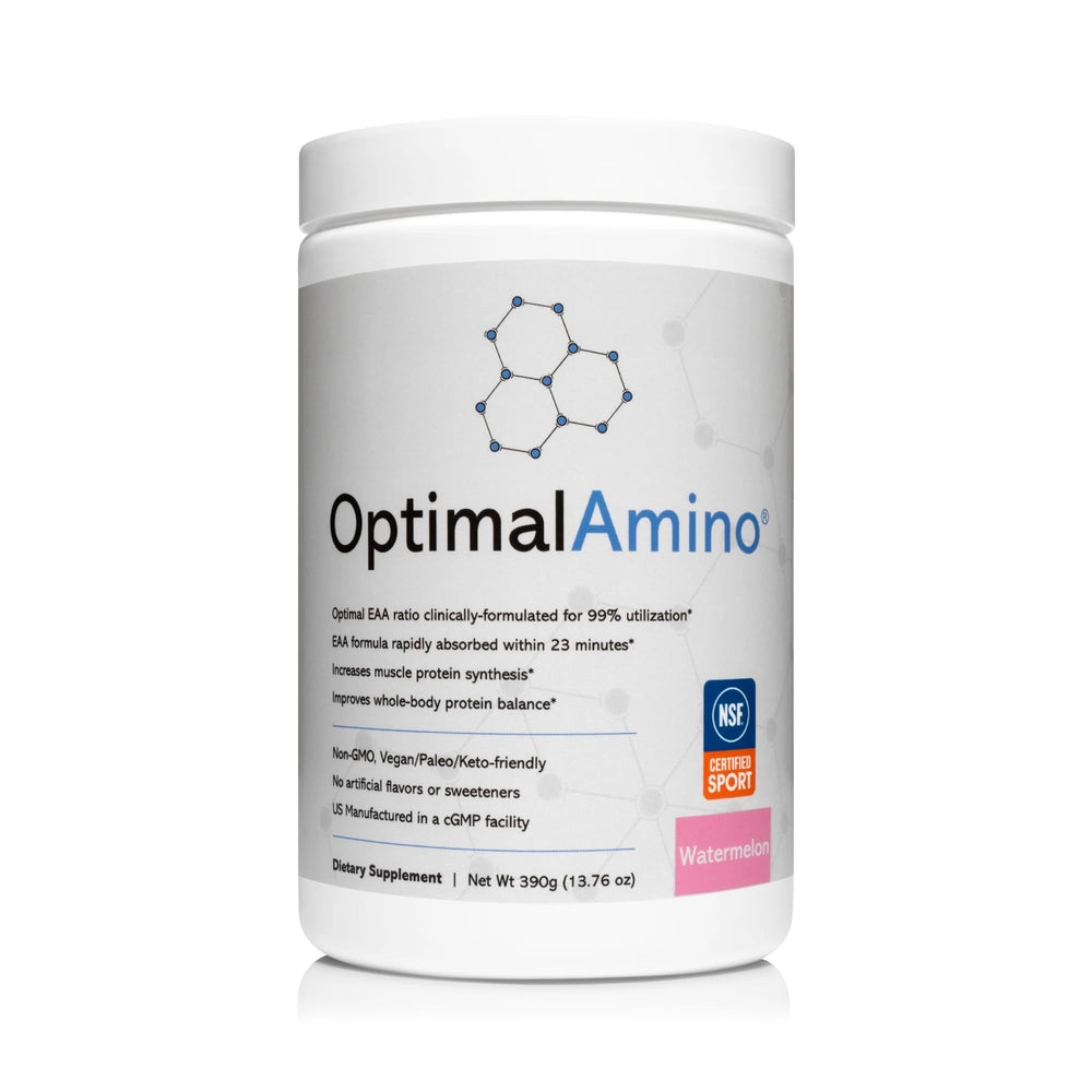 OptimalAmino watermelon powder tub dispense for easy pre- or post-workout serving.