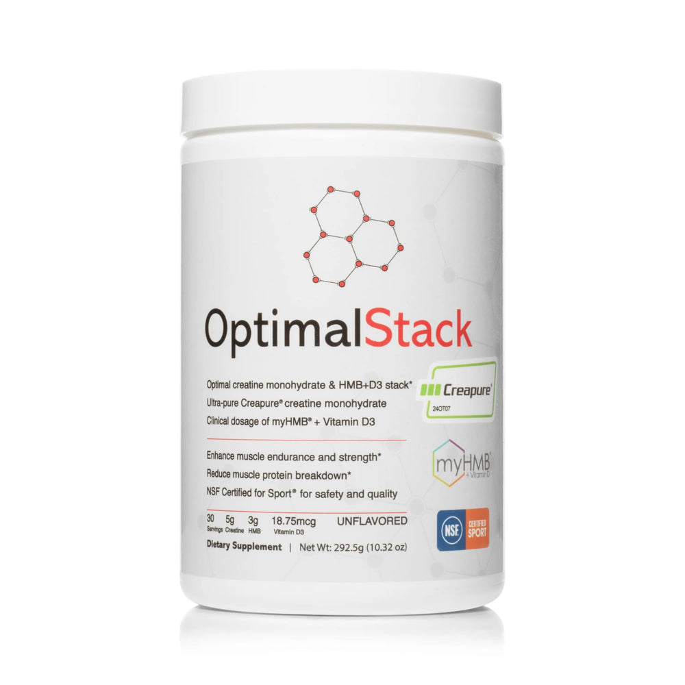 OptimalStack Creatine front bottle shows a clean, unflavored formula suitable for diverse training routines.