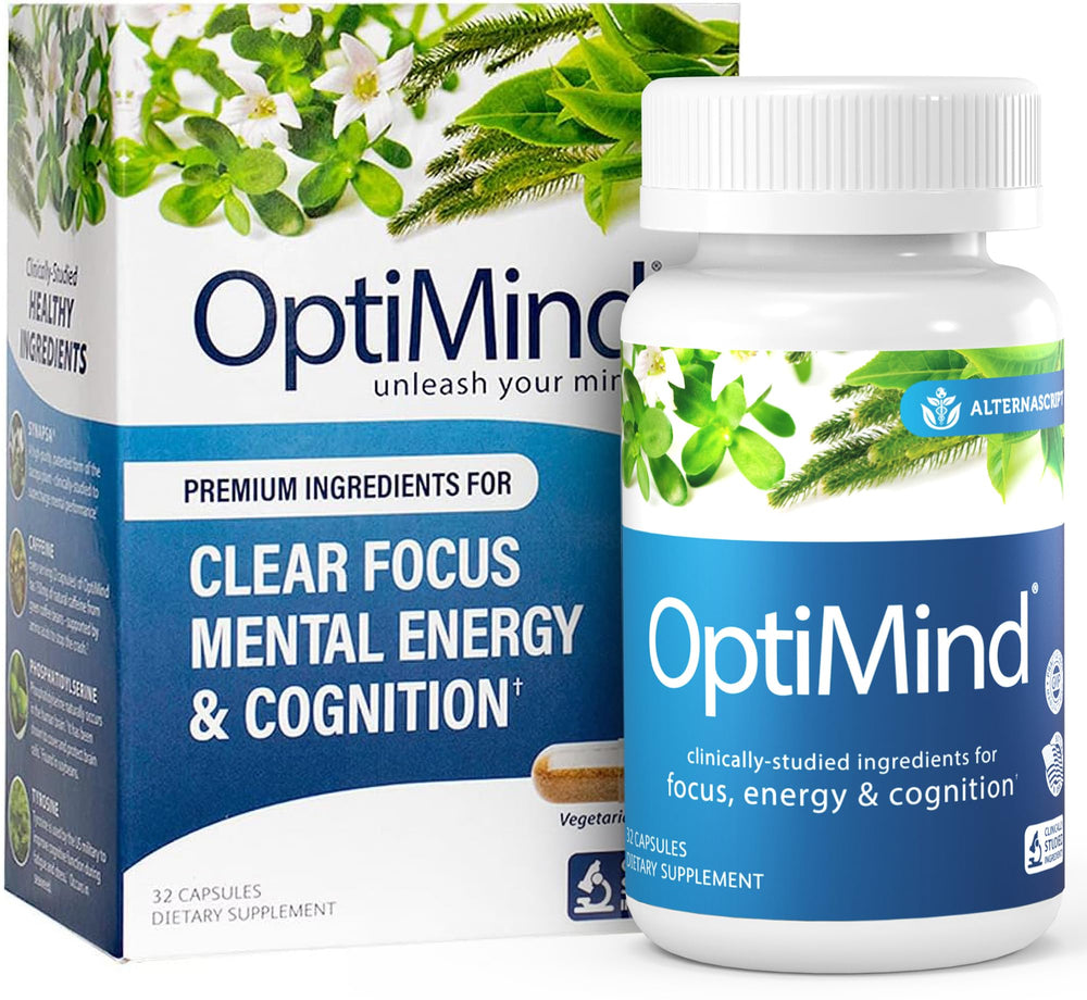 Optimind brain supplement bottle with Synapsa capsules for memory support.