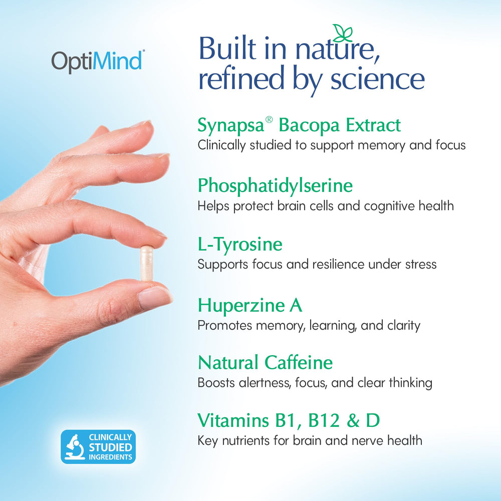 Optimind Synapsa capsules close-up highlighting natural memory booster ingredients.