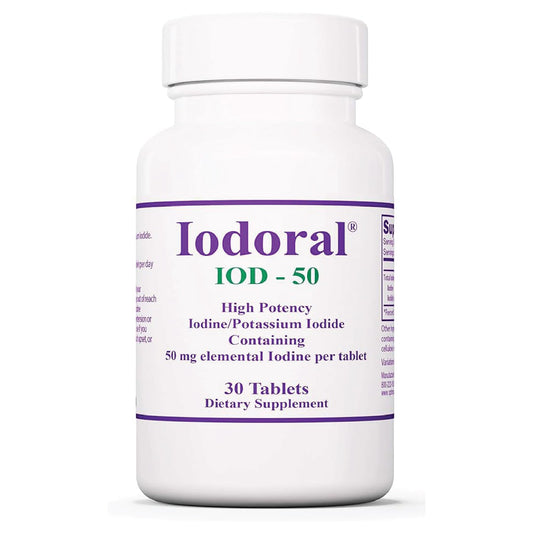 Optimox Iodoral 50 mg bottle front show clear label for easy daily thyroid support.