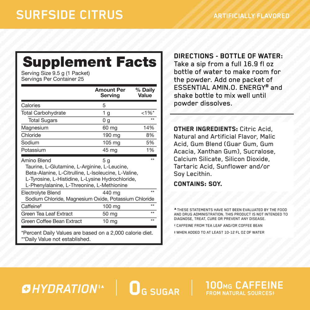 Optimum Nutrition Amino Energy Surfside Citrus flavor box beside a glass of water