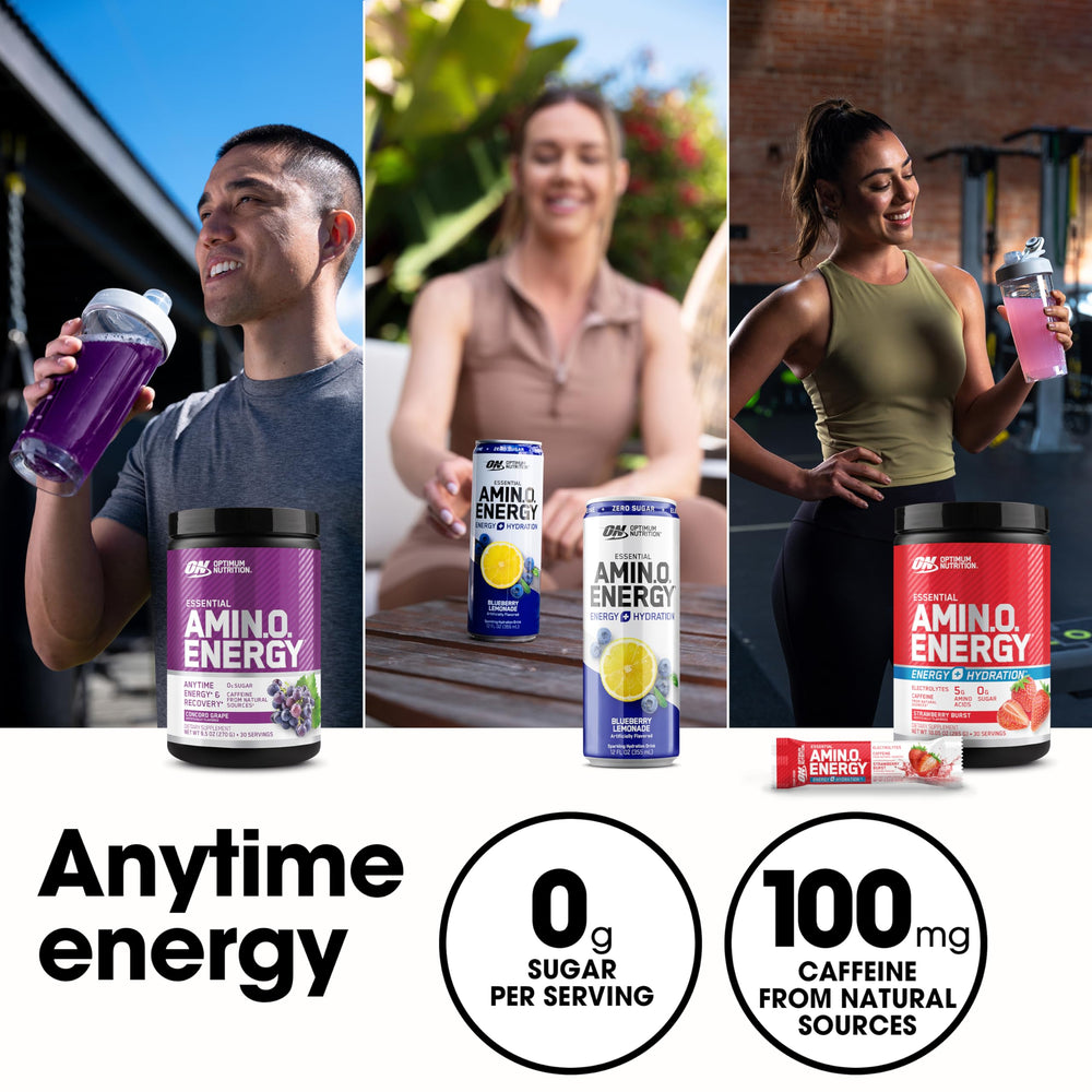Optimum Nutrition Amino Energy blue raspberry glass ready-to-drink energy during training.