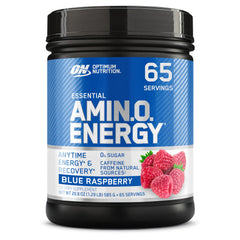 Optimum Nutrition Amino Energy blue raspberry tub for pre-workout energy and focus.