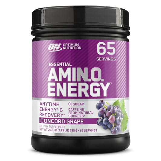 Optimum Nutrition Amino Energy Concord Grape bottle front view boosts energy for workouts