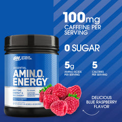 Optimum Nutrition Amino Energy green tea bottle label highlights natural caffeine for daytime energy.