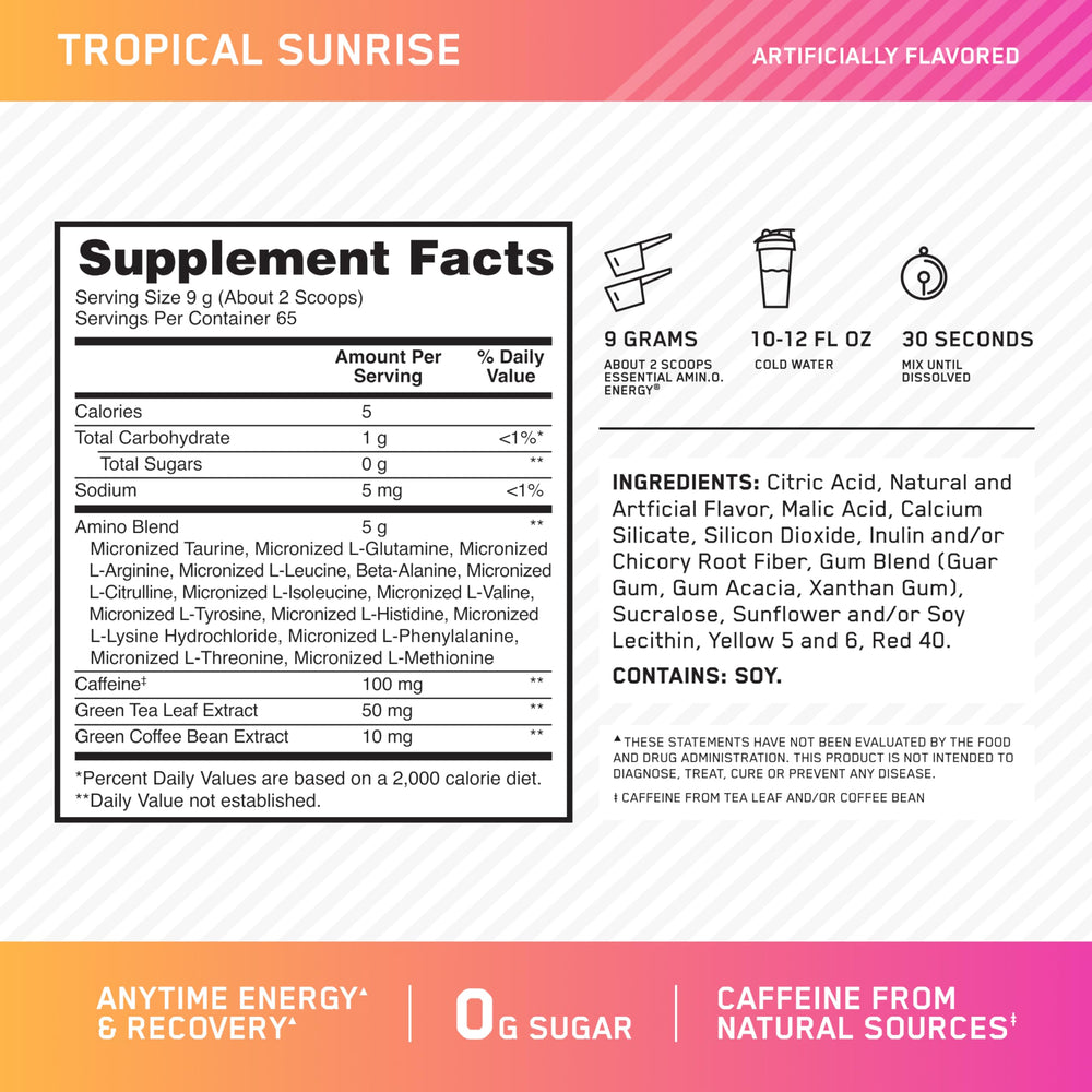 Amino Energy ingredient panel highlighting BCAAs and green tea for workout recovery support.