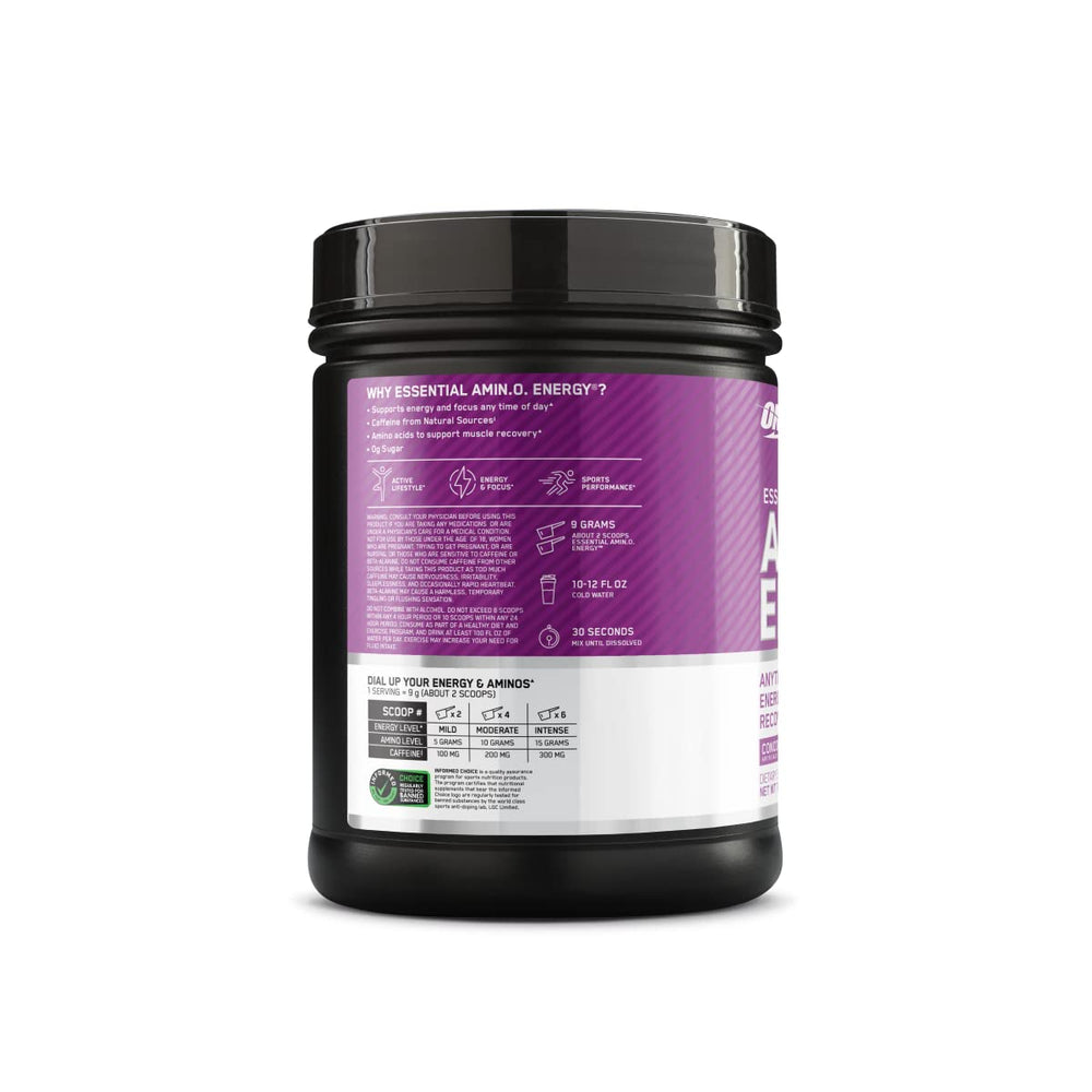 Optimum Nutrition Amino Energy Concord Grape in use during training for pre-workout convenience