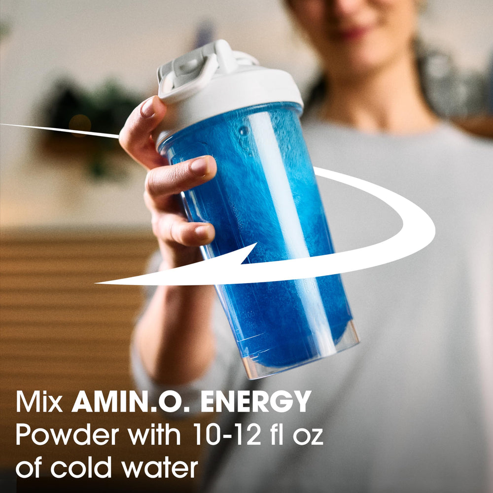 Optimum Nutrition Amino Energy packaging close-up demonstrates flavor appeal and portability.