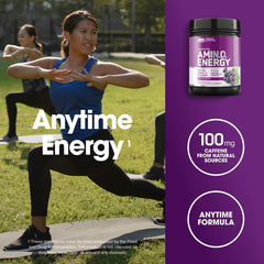 Optimum Nutrition Amino Energy Concord Grape packaging close-up highlights flavor and servings