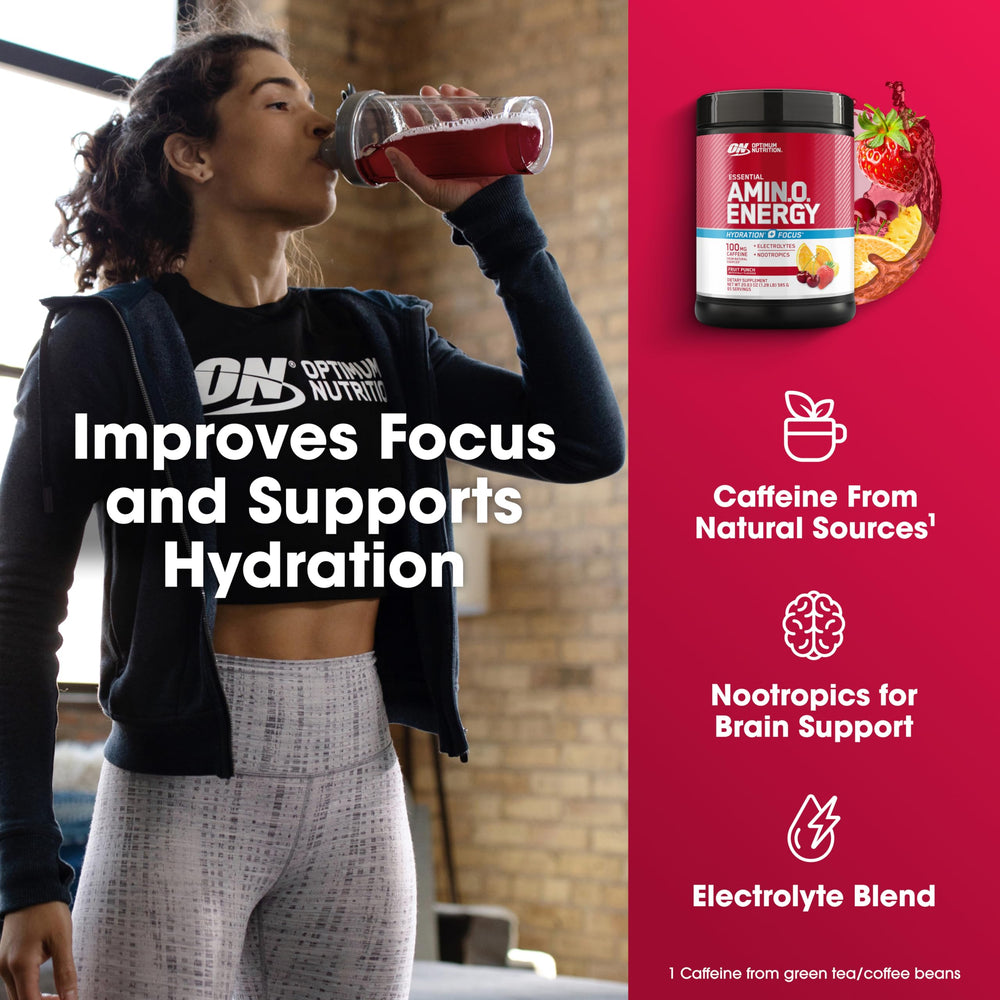 Optimum Nutrition Amino Energy Powder Plus Focus electrolyte blend for hydration