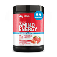 Optimum Nutrition Amino Energy Plus Focus Strawberry Burst tub ready for mixing energy and focus.