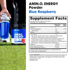 Optimum Nutrition Amino Energy scoop beside tub shows easy measuring for workouts.