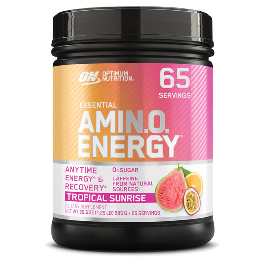 Optimum Nutrition Amino Energy Tropical Sunrise bottle with scoop for on-the-go energy and focus.