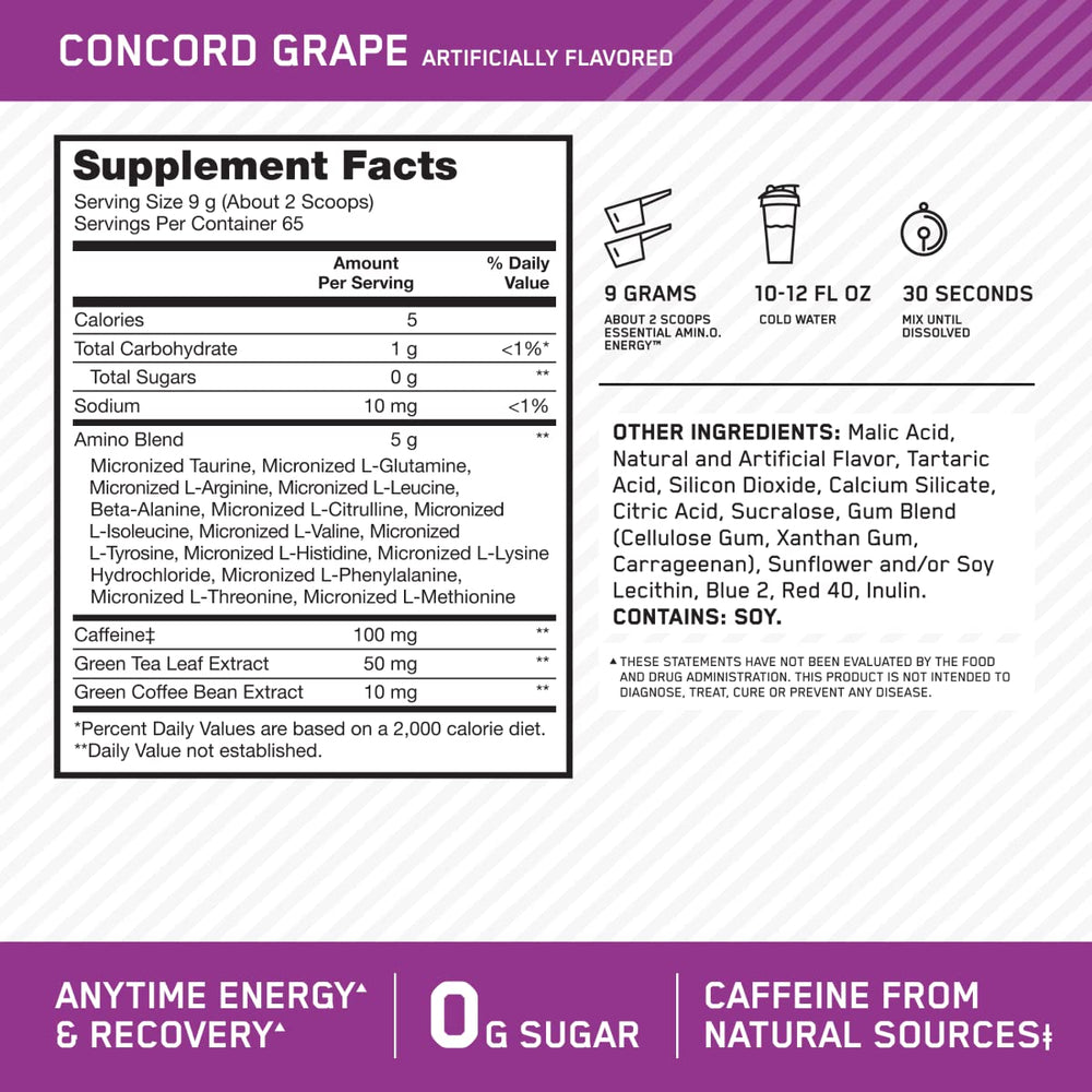 Optimum Nutrition Amino Energy Concord Grape tub label shows amino blend and caffeine