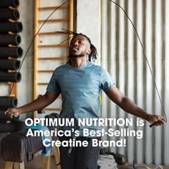 Optimum Nutrition Creatine Monohydrate bottle beside protein powder for pre- or post-workout use