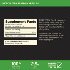 Optimum Nutrition Creatine Monohydrate capsules two-capsule serving demonstrates easy dosing for workouts